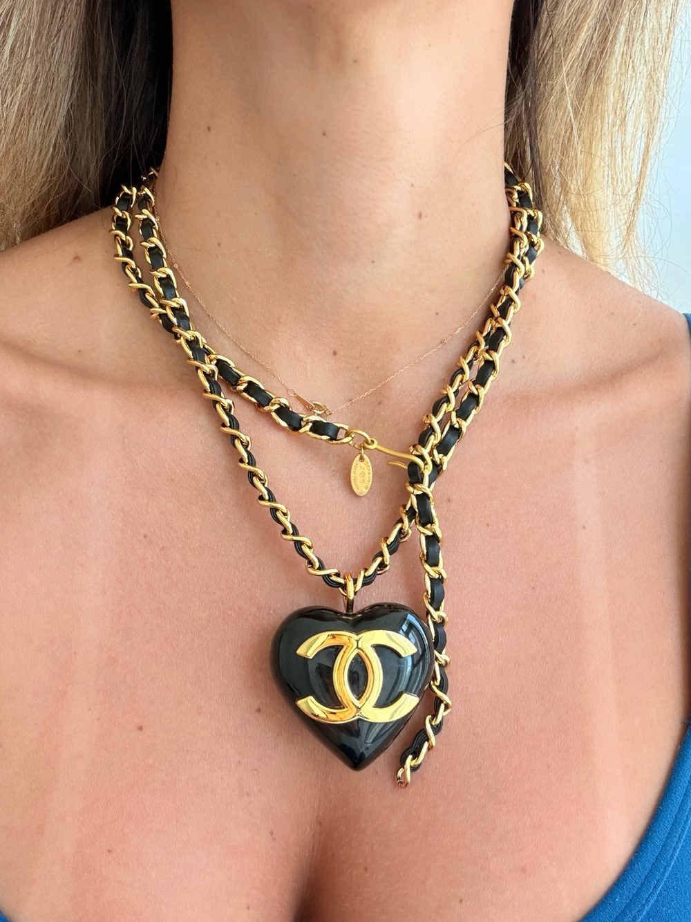 Vintage CHANEL Black and Gold Heart CC Pendant Necklace